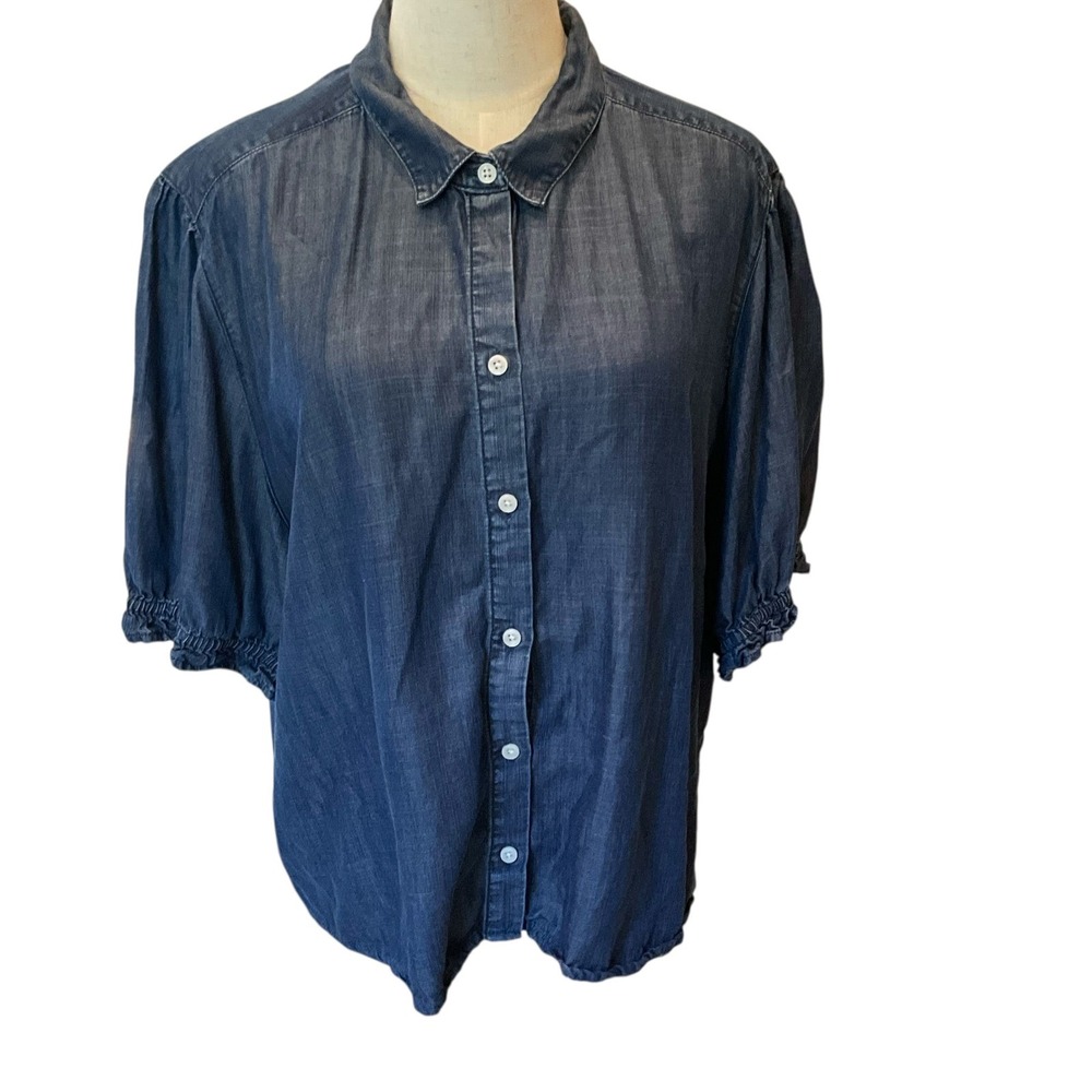 Chicos Women's Denim Lyocell Button Down Top Shirt Ruched Sleeve Blue Size 4